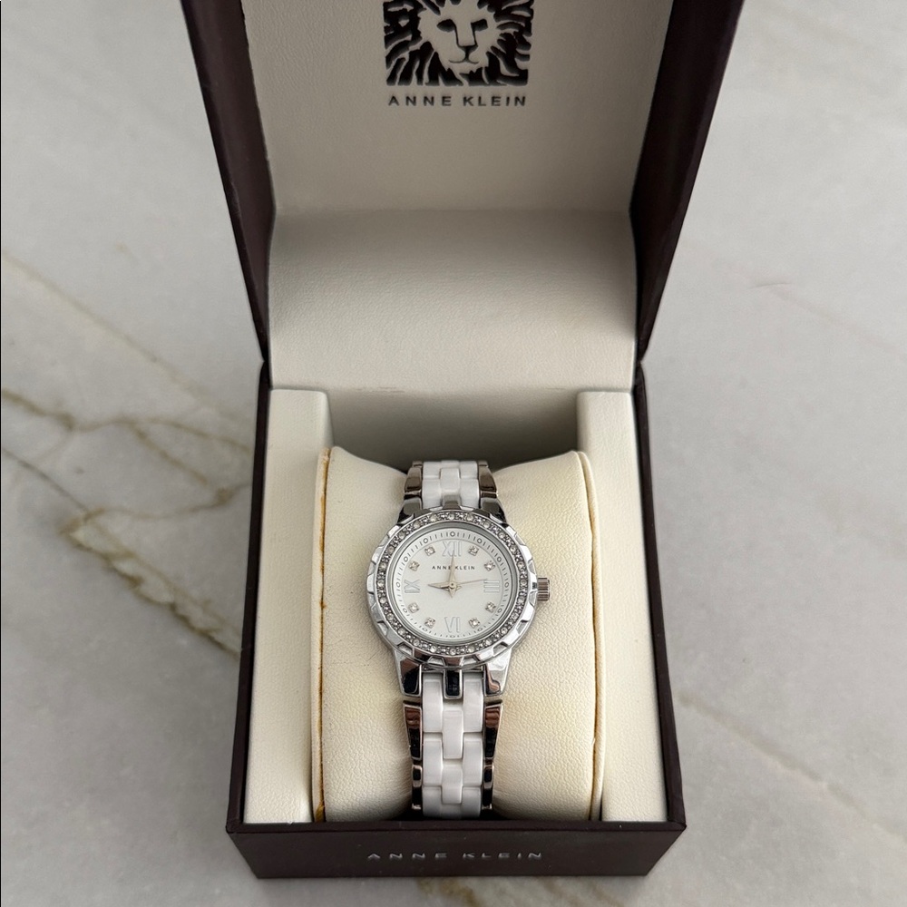 Anne Klein Silver and White Ceramic Women's Bracelet Watch